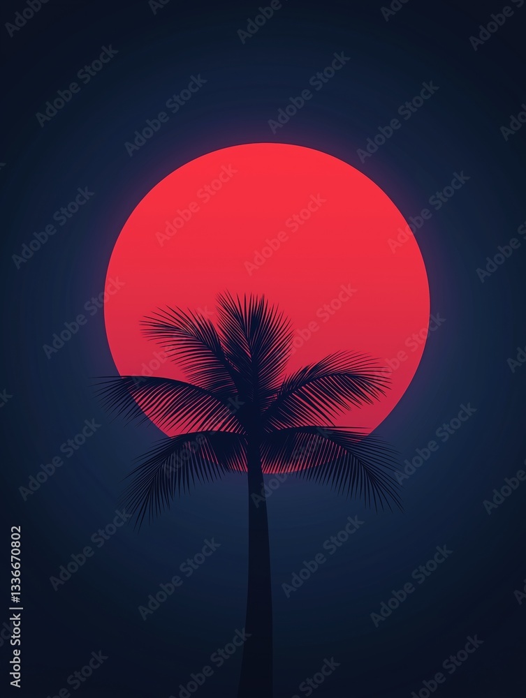 Poster digital illustration of a palm tree with a red sun in the background. the palm tree is tall and slen
