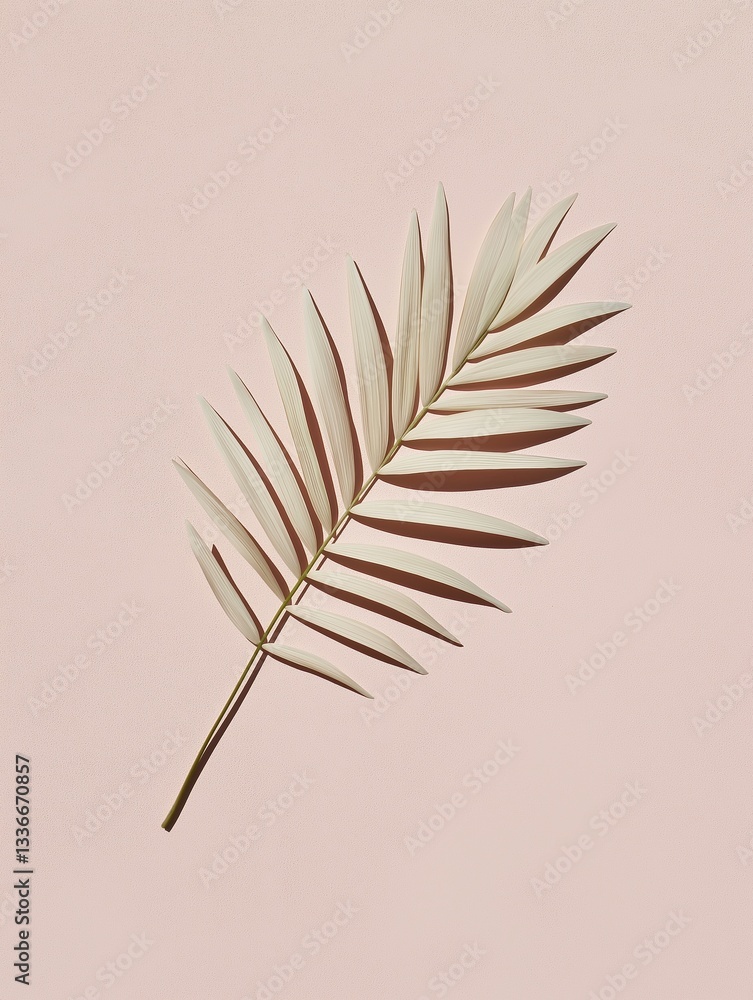 Poster digital illustration of a single palm leaf on a light pink background. the leaf is in the center of 
