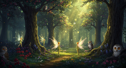 A magical forest with glowing trees and luminous blossoms, where fairies with iridescent wings and wise owls peek from behind the foliage, creating an ethereal atmosphere