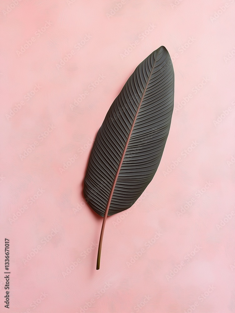 Fototapete flat lay of a single leaf on a pink background. the leaf is in the center of the image and is the on