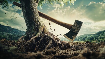 A giant axe crashes into the roots of a massive tree, causing the Earth beneath to crack and split apart in a dramatic, symbolic scene.
