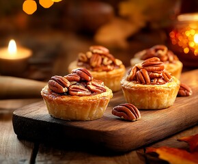 Delicious pecan tartlets with caramelized pecans on top, served on a rustic wooden board, warm autumn setting with soft candlelight in the background