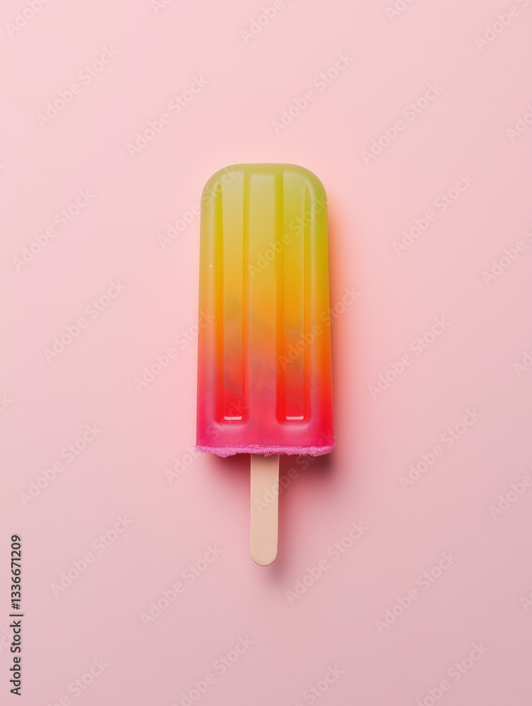 Poster flat lay of a popsicle on a pink background. the popsicle is rectangular in shape and has a wooden s