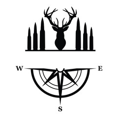 Deer Head and Bullets with Compass, Hand Drawn Vector Illustration
