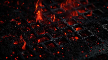 Glowing charcoal texture with red flames in a bbq grill pattern