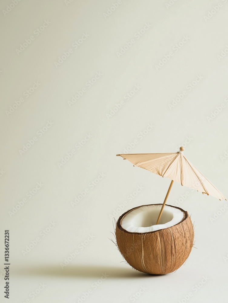 Poster small coconut with a beige umbrella on top of it. the coconut is placed on a plain white background.