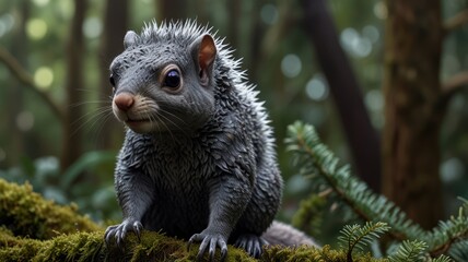 Obraz premium Close-up of a wet gray squirrel perched on a mossy branch in a lush forest