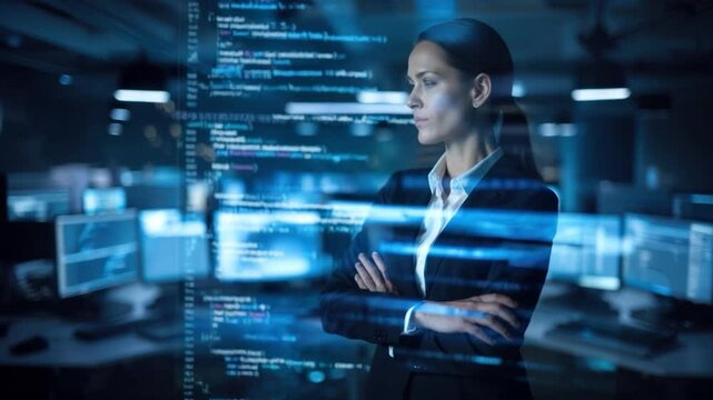 Empowered Woman in Professional Tech Office Mastering Coding and Data Analysis with Confidence and Expertise