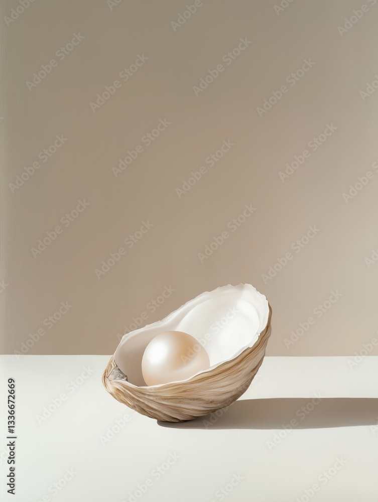Aufkleber photograph of an open oyster shell on a white surface. the shell is light brown in color and has a s