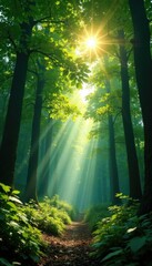 Obraz premium Forest canopy with sunlight filtering through, leaves, greenery