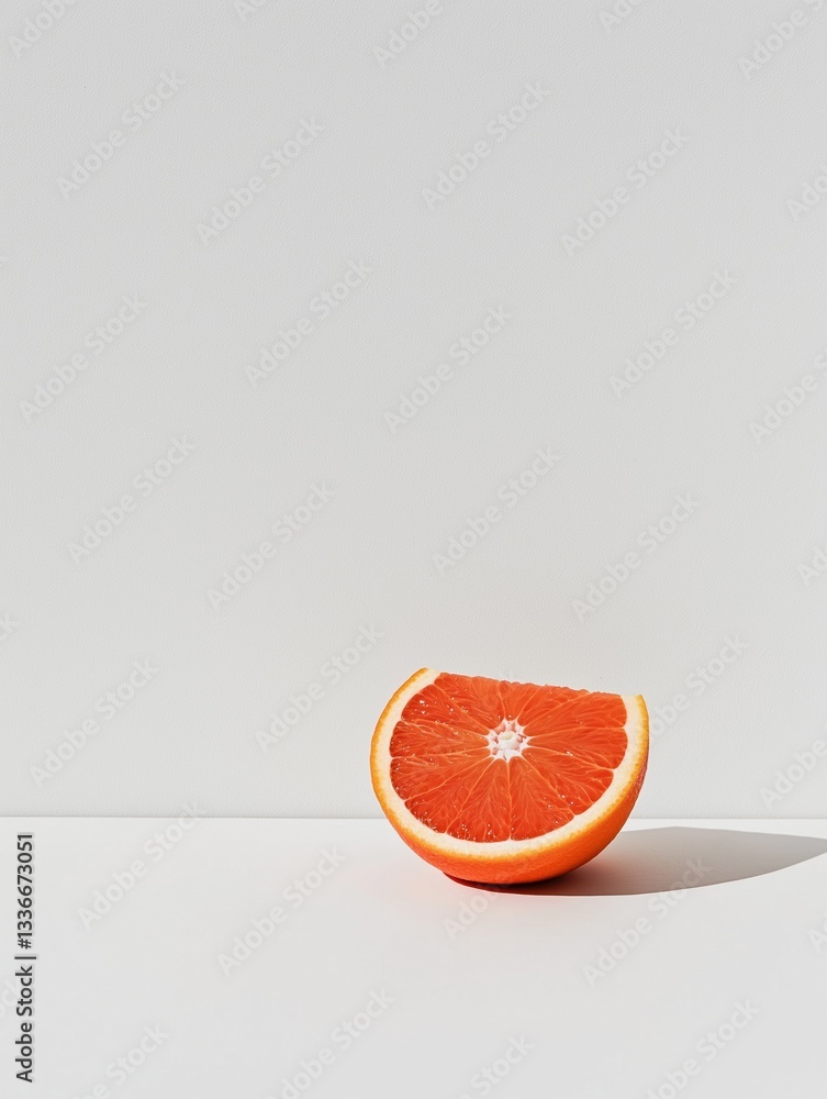 Poster photograph of a half of a grapefruit on a white background. the grapefruit is cut in half, with the 
