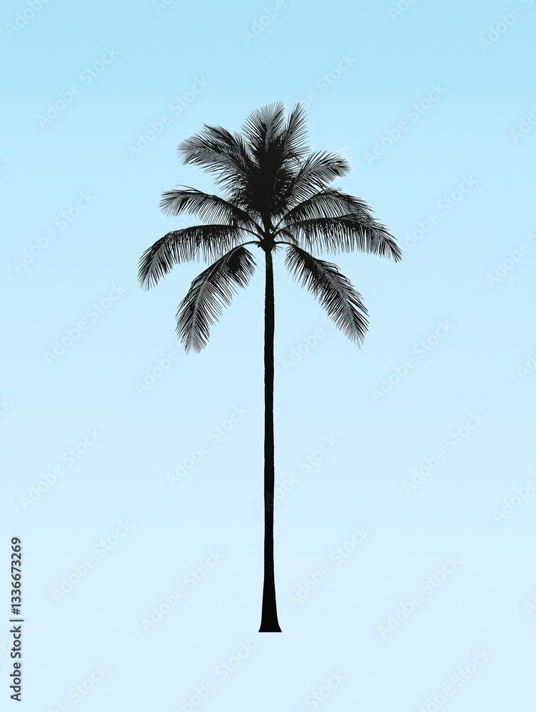 Poster silhouette of a palm tree against a light blue sky. the tree is tall and slender with a long trunk a