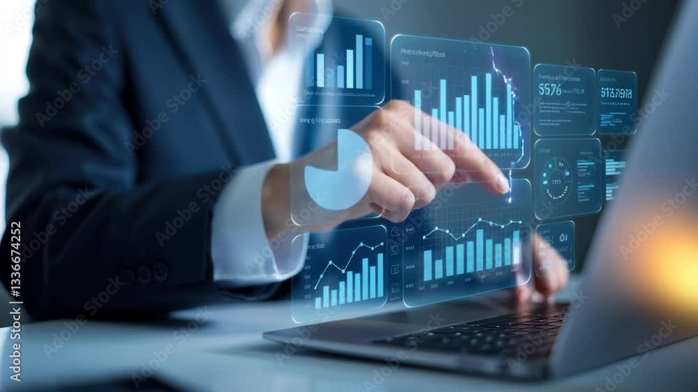 Poster businessman utilizing laptop for digital data visualization, analytics, and statistics in modern dec