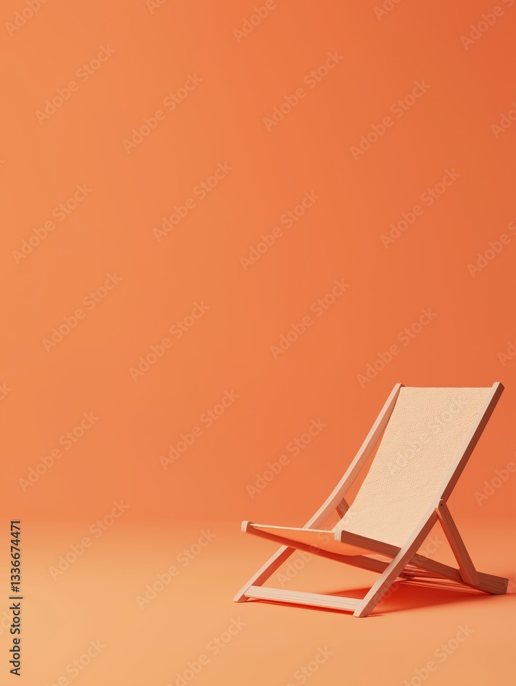 Poster 3d rendering of a wooden deck chair on an orange background. the chair is facing towards the right s