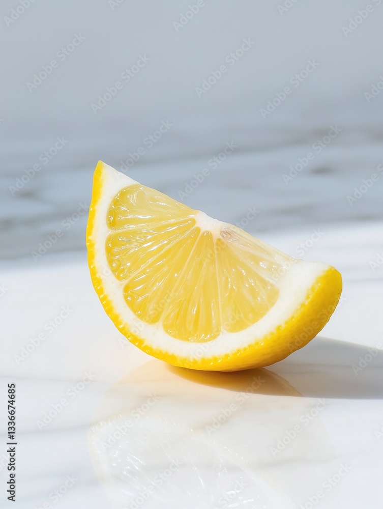 Poster close-up of a slice of lemon on a white surface. the lemon is cut in half, with the outer edge of th