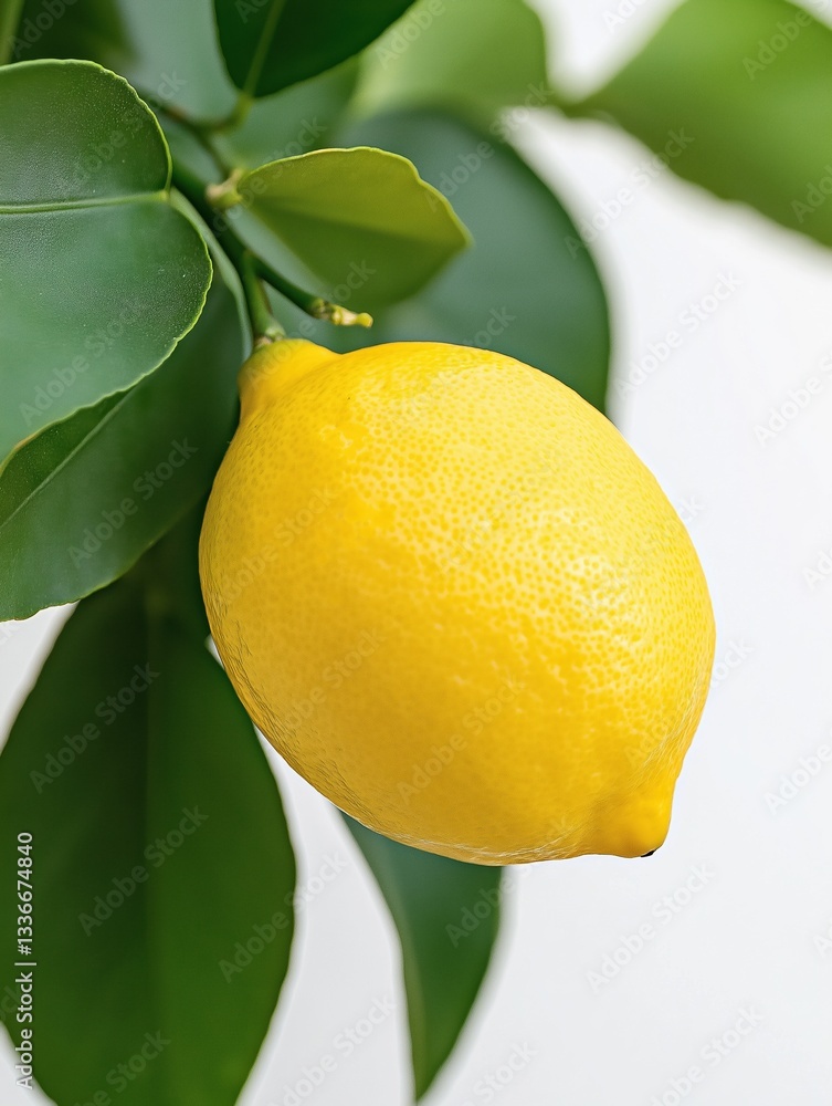 Poster close-up of a single lemon hanging from a branch of a tree. the lemon is bright yellow in color and 