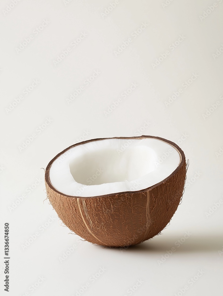 Poster close-up of a coconut shell. the shell is round and has a light brown color with darker brown veins 
