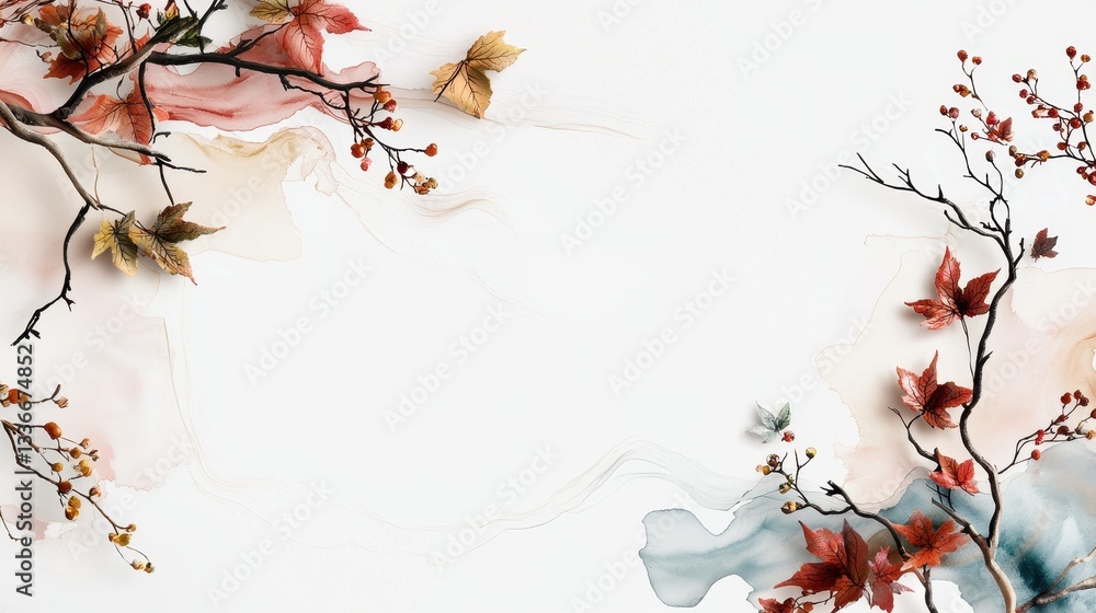 Aufkleber abstract botanical illustration with elegant branches and leaves in soft colors and subtle borders