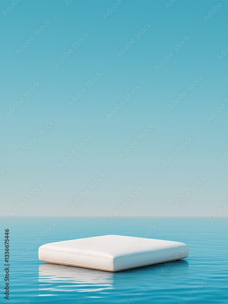 Poster single white mattress floating on the surface of a body of water. the mattress appears to be made of