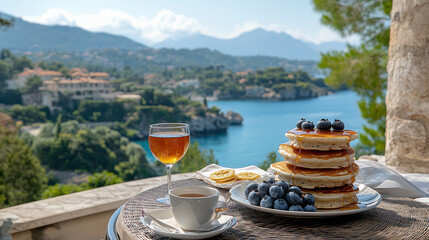 Fototapeta premium Breakfast with pancakes, blueberries, coffee, and a drink on a balcony overlooking a scenic coastal view. Ideal for travel blogs, food websites, and articles on vacation breakfasts and scenic dining.