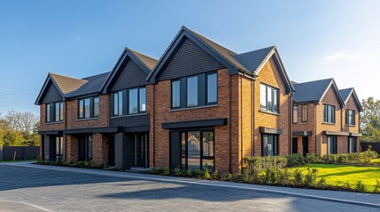 Newly developed terraced family homes exhibit elegant design and contemporary features in a peaceful neighborhood, bathed in natural light under a clear blue sky