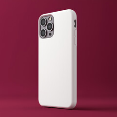 Close-up of a smartphone with a white blank mock up case on a clean red background