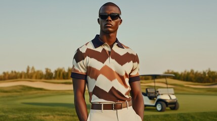 Golf fashion showcase stylish male model on course outdoor setting