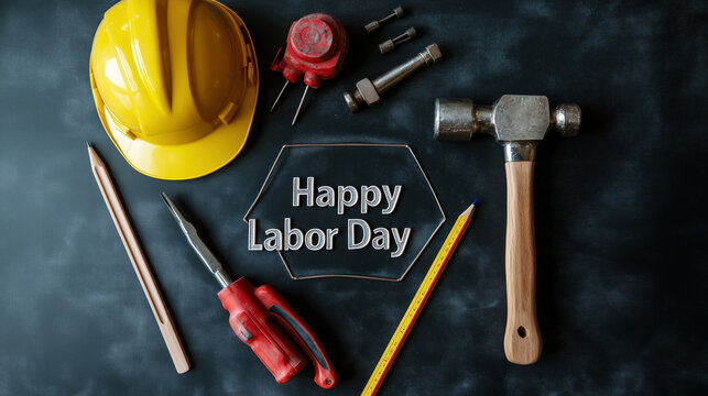 Labor day celebration tools & safety gear in home workshop flat lay