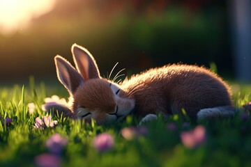 Obraz premium Adorable bunny rests peacefully in grassy meadow at sunset