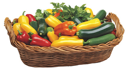 Abundant Harvest: Wicker Basket Overflowing with Fresh Organic Zucchinis, Peppers, and Herbs, Farm Fresh Produce Photograph