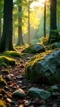 Lichen-covered rocks in the forest with golden light, landscape, Apatity, forest