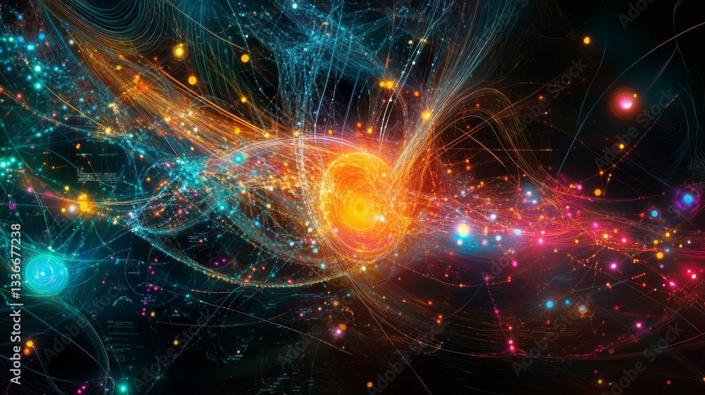 Poster exploring abstract machine learning systems digital realm gigapixel art virtual space analytical per