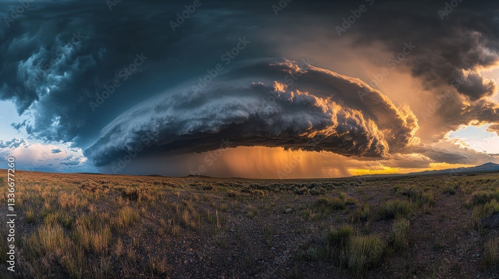 Poster dark, brooding clouds swirl overhead, capturing the last rays of sun as they cast a golden glow upon