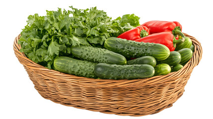 Abundant Harvest: Fresh Organic Cucumbers, Bell Peppers, and Leafy Greens in Wicker Basket, Farm Produce Photo