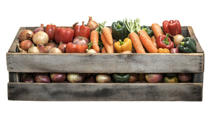 Farm Fresh Harvest in Wooden Crate - Organic Carrots, Onions, and Peppers Displayed Together