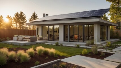 Obraz premium Modern Sustainable Home with Solar Panels and Landscaped Garden at Sunset