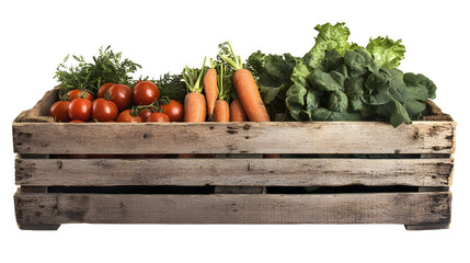 Farm Fresh Harvest in Rustic Wooden Crate - Organic Carrots, Tomatoes, Leafy Greens | Food Photography