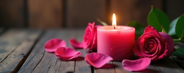 lit candle on a wooden surface with pink rose petals, cozy, natural, rose
