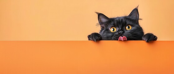 A curious black cat peeks over an orange surface, playfully licking its lips, against a warm orange backdrop.