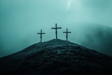 three crosses on Golgotha in foggy landscape with dramatic lighting and dark atmosphere