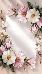 Obraz premium Floral frame with white and pink flowers on a pastel pink background. Generated by AI