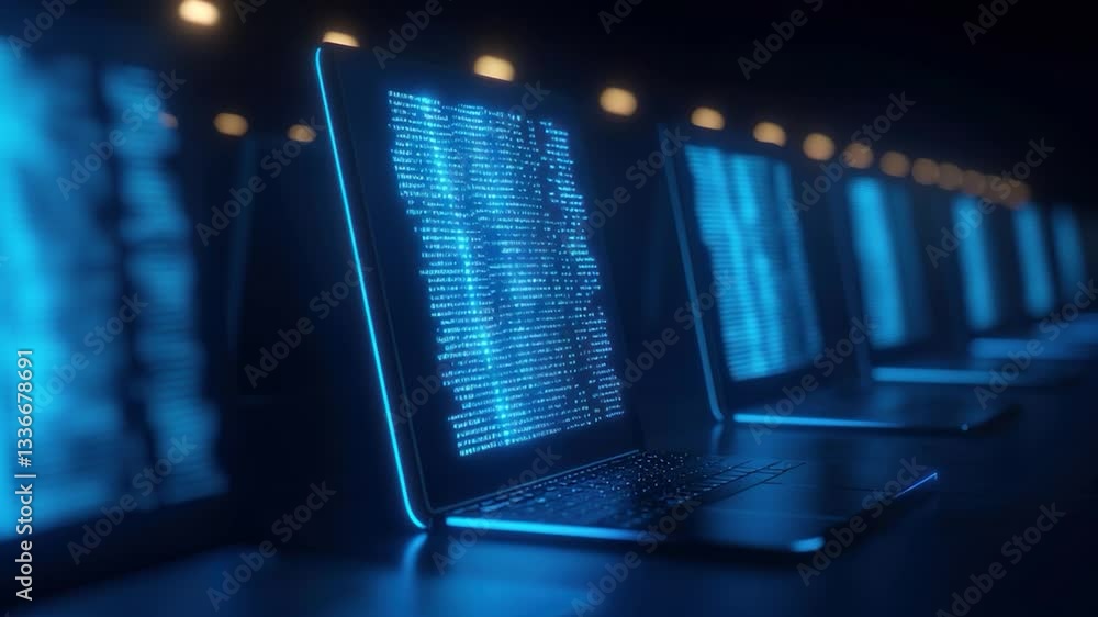 Poster illuminated laptops dark environment showcase glowing digital data, creating futuristic atmosphere o