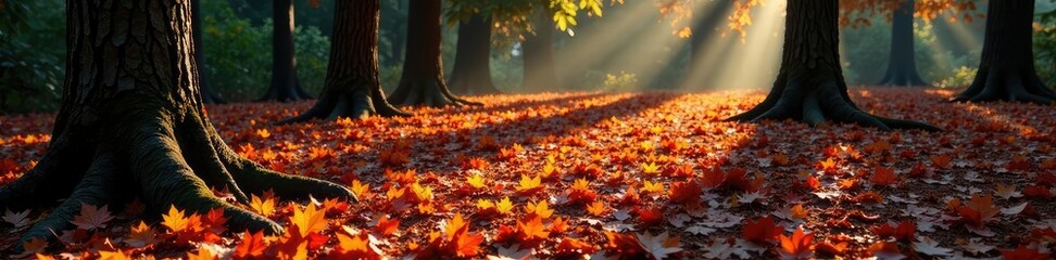 Pine tree's shadow stretches across the forest floor covered in fallen red and orange leaves, forest,