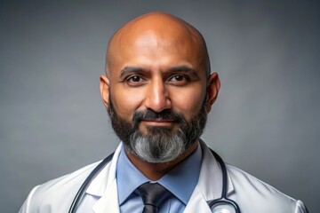 Portrait of middle-aged south asian man in doctor’s white coat professional setting medical environment close-up view healthcare concept
