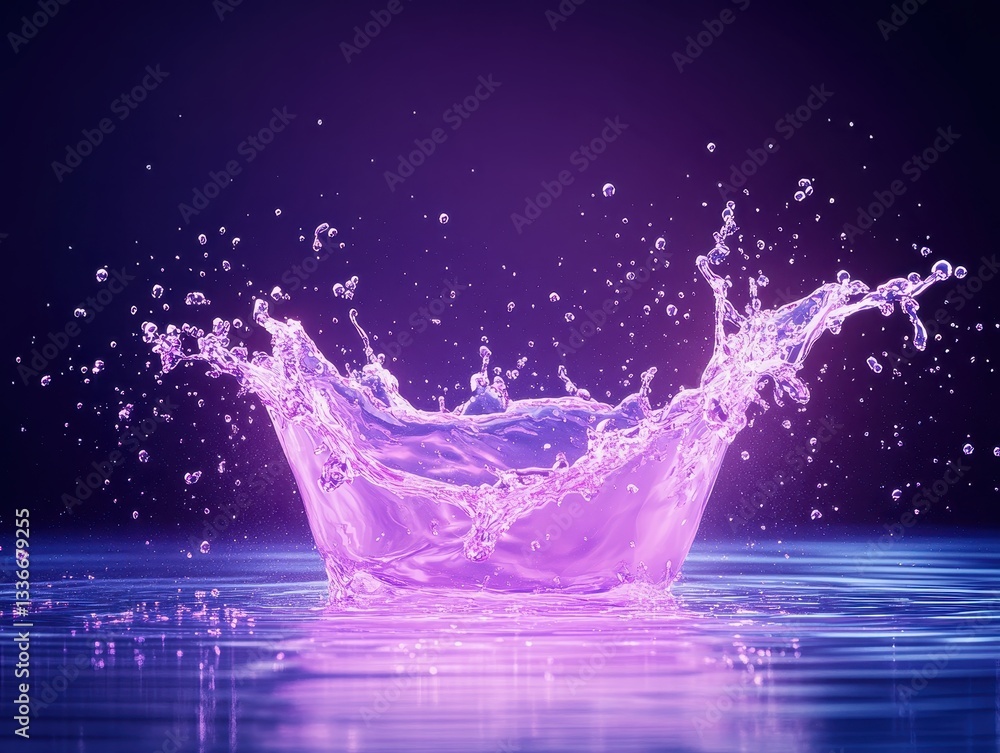 Poster vibrant purple water splash creating dynamic patterns against a serene backdrop