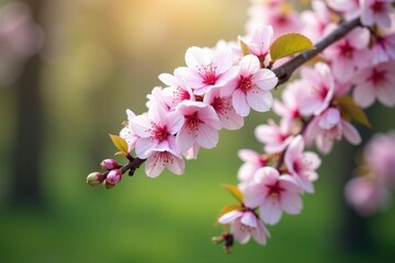 Obraz premium Pink and white cherry blossoms cascade down a pale wooden branch, garden, blossom, tree