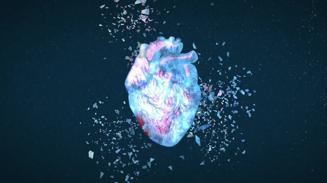 Animated frozen heart is still beating and particles of ice flies away