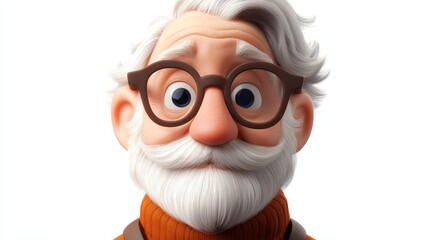 Obraz premium A cheerful elderly character with a white beard and glasses showcases a kind expression. He wears an orange sweater, conveying warmth and wisdom. This character radiates friendliness and charm