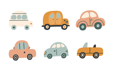 Bohemian baby element doodle set. Simple childish boho colorful cars for nursery, print, poster, card. Cartoon nordic illustration for children. Hand drawn illustration isolated on white background.