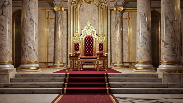 Luxurious golden throne with marble columns and red carpet